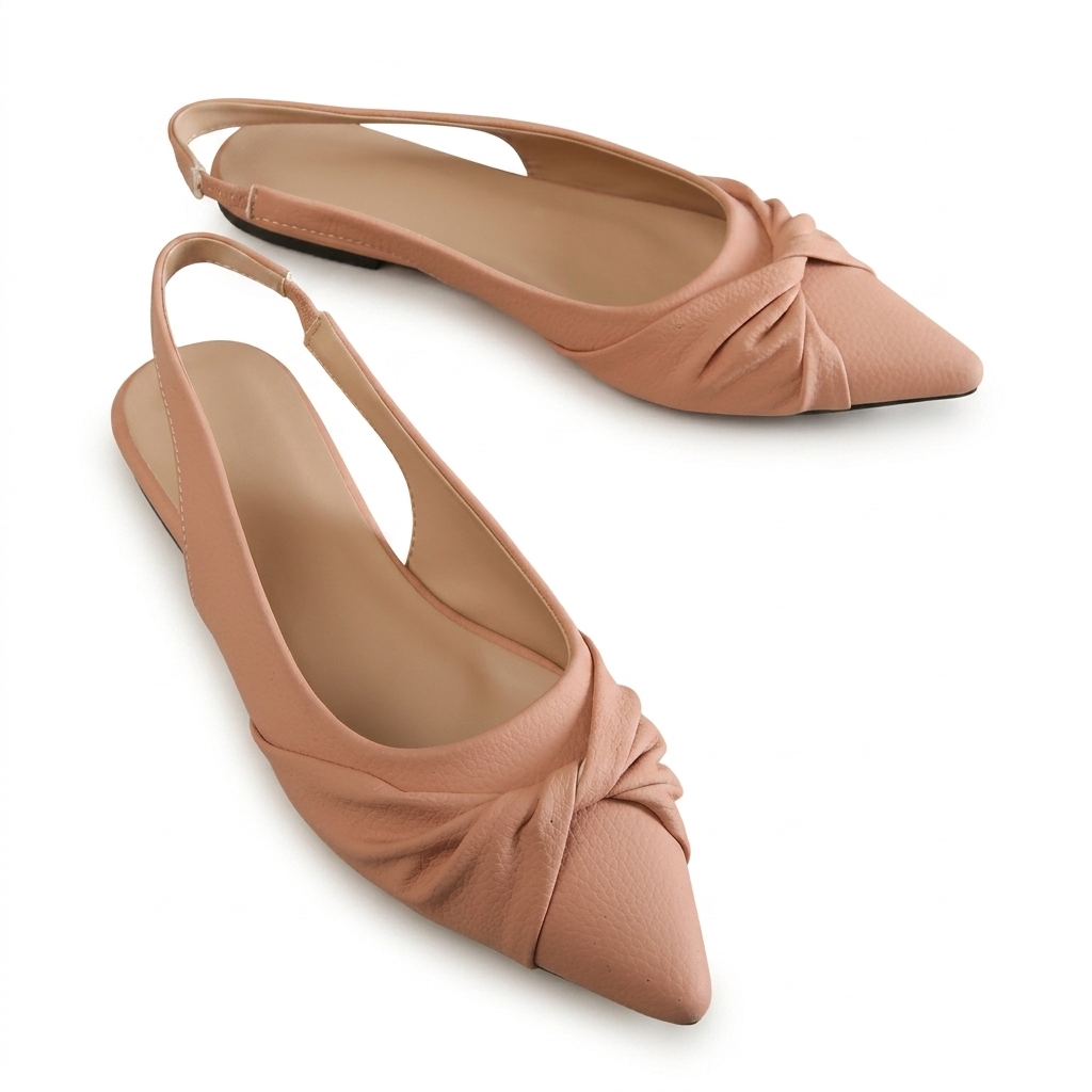 Peach Ruched Pointed Toe Slingback Flats