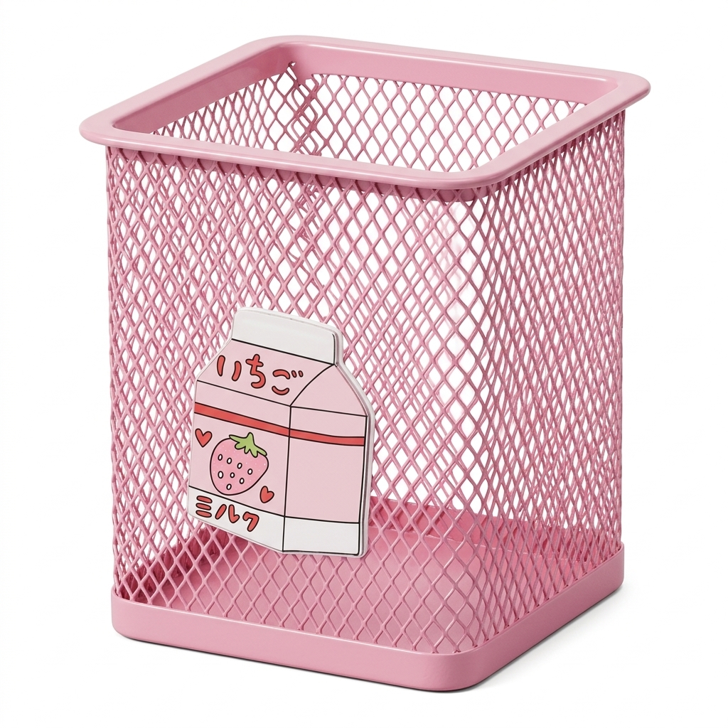 Cute Pink Metal Mesh Pen Stand with Strawberry Charm