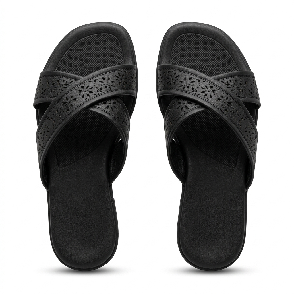 Women's Black Laser Cut Cross Strap Sliders