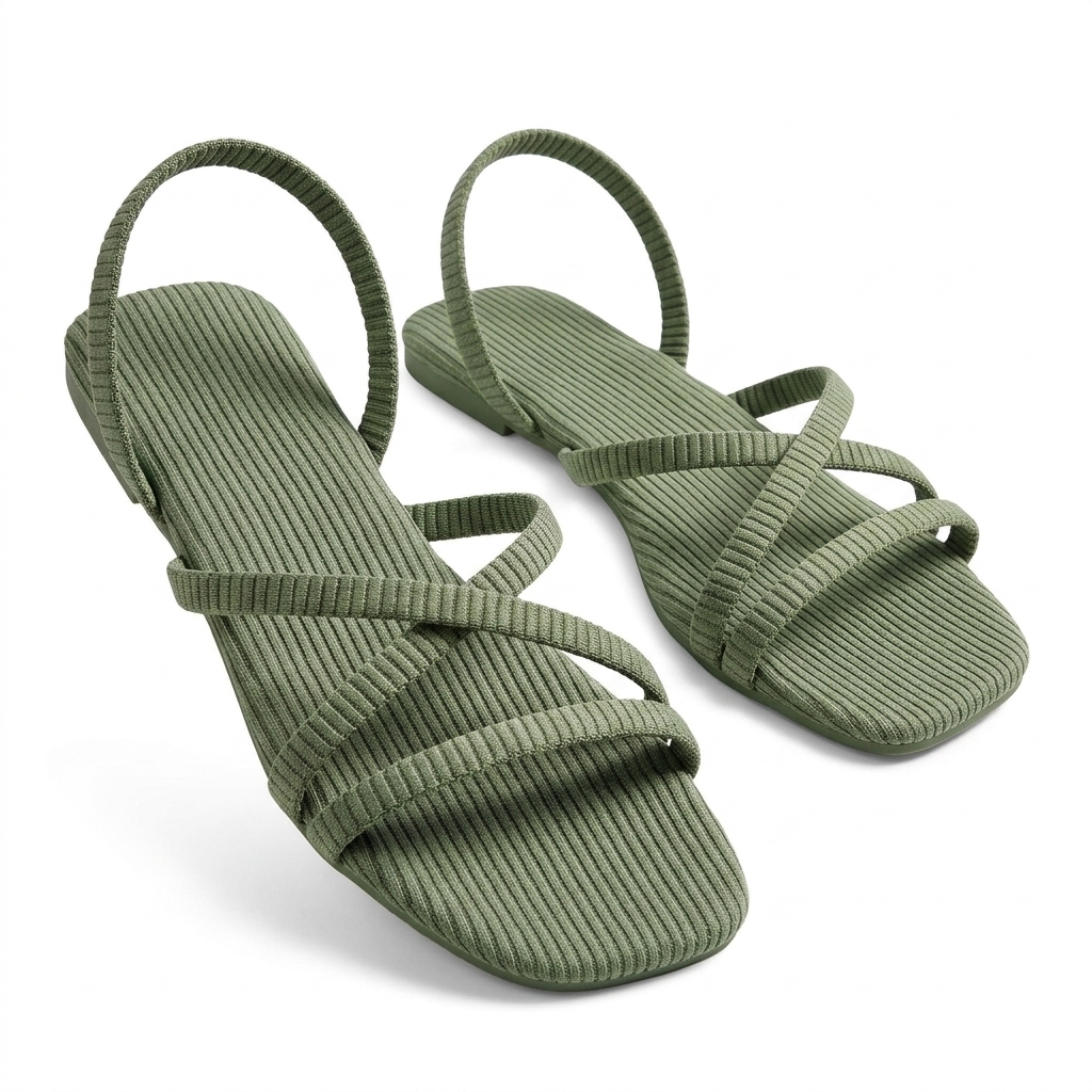 Women's Olive Green Ribbed Knit Flat Sandals