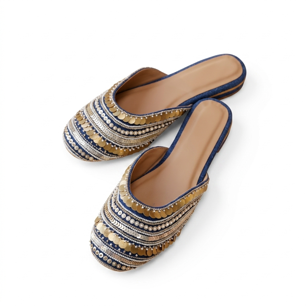 Blue Gold Sequin Beaded Ethnic Mules for Women