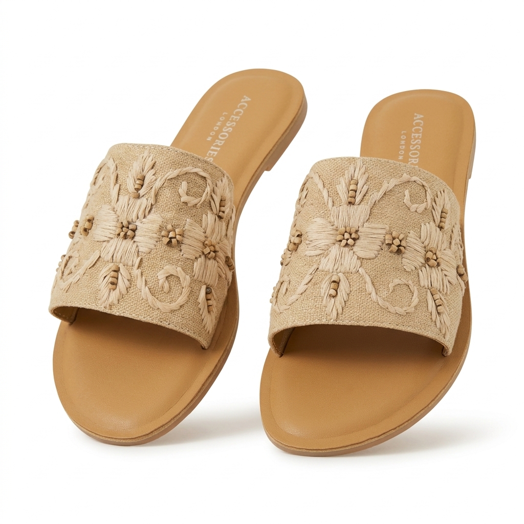 Embroidered Raffia Flat Sandals for Women