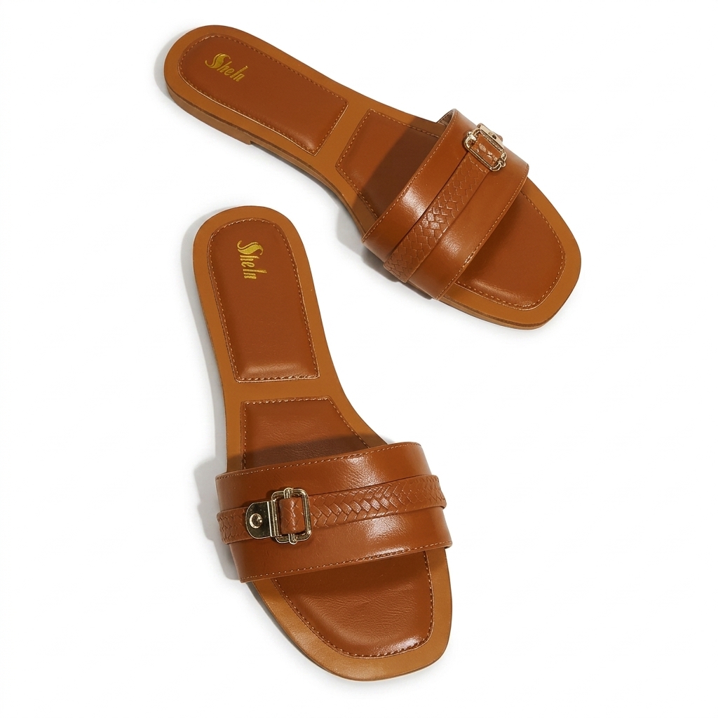 Stylish Tan Buckle Flat Slides for Women