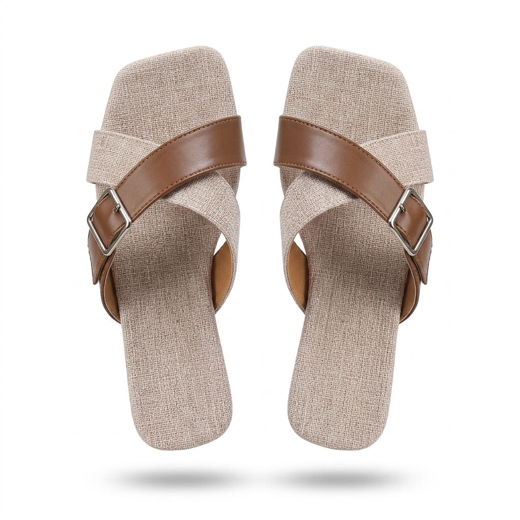 Stylish Beige Fabric Buckle Flat Sandals for Women