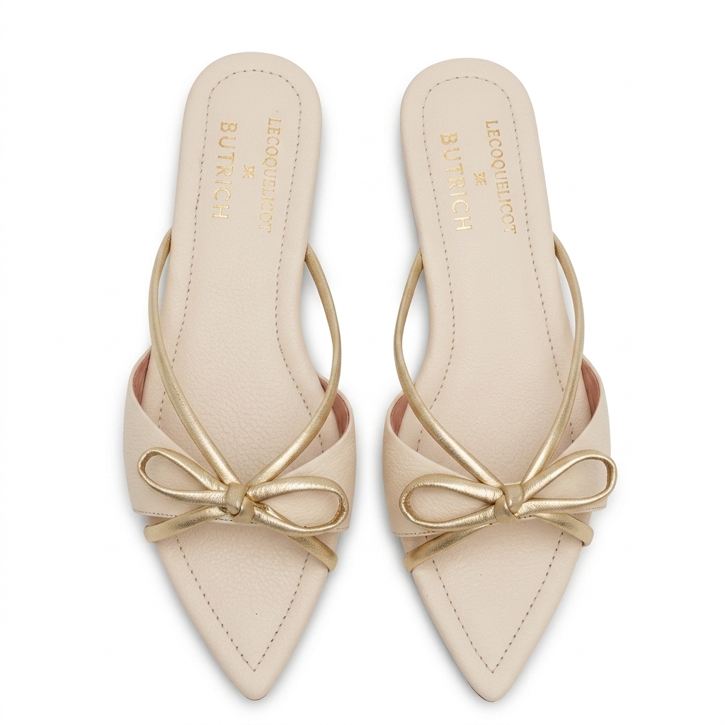 Cream Gold Bow Pointed Toe Mules for Women