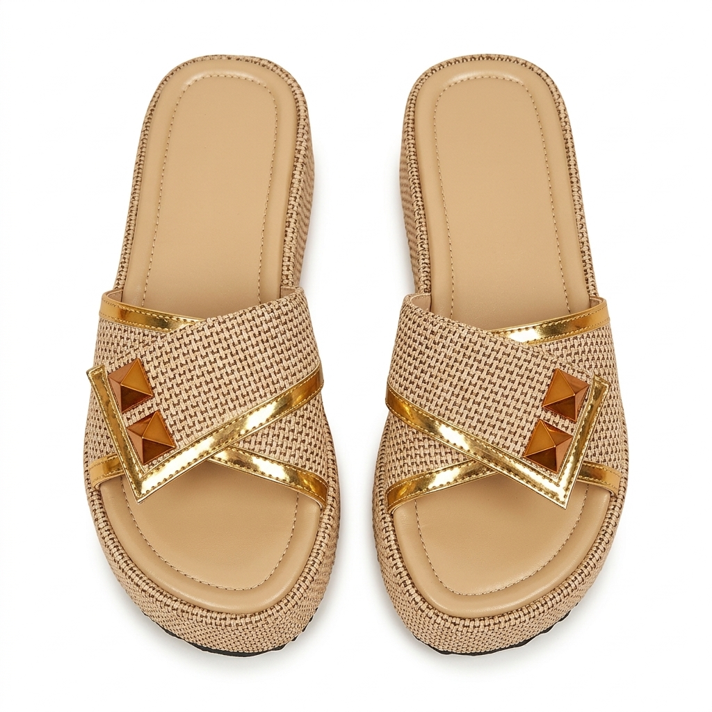 Stylish Beige Gold Platform Slides for Women