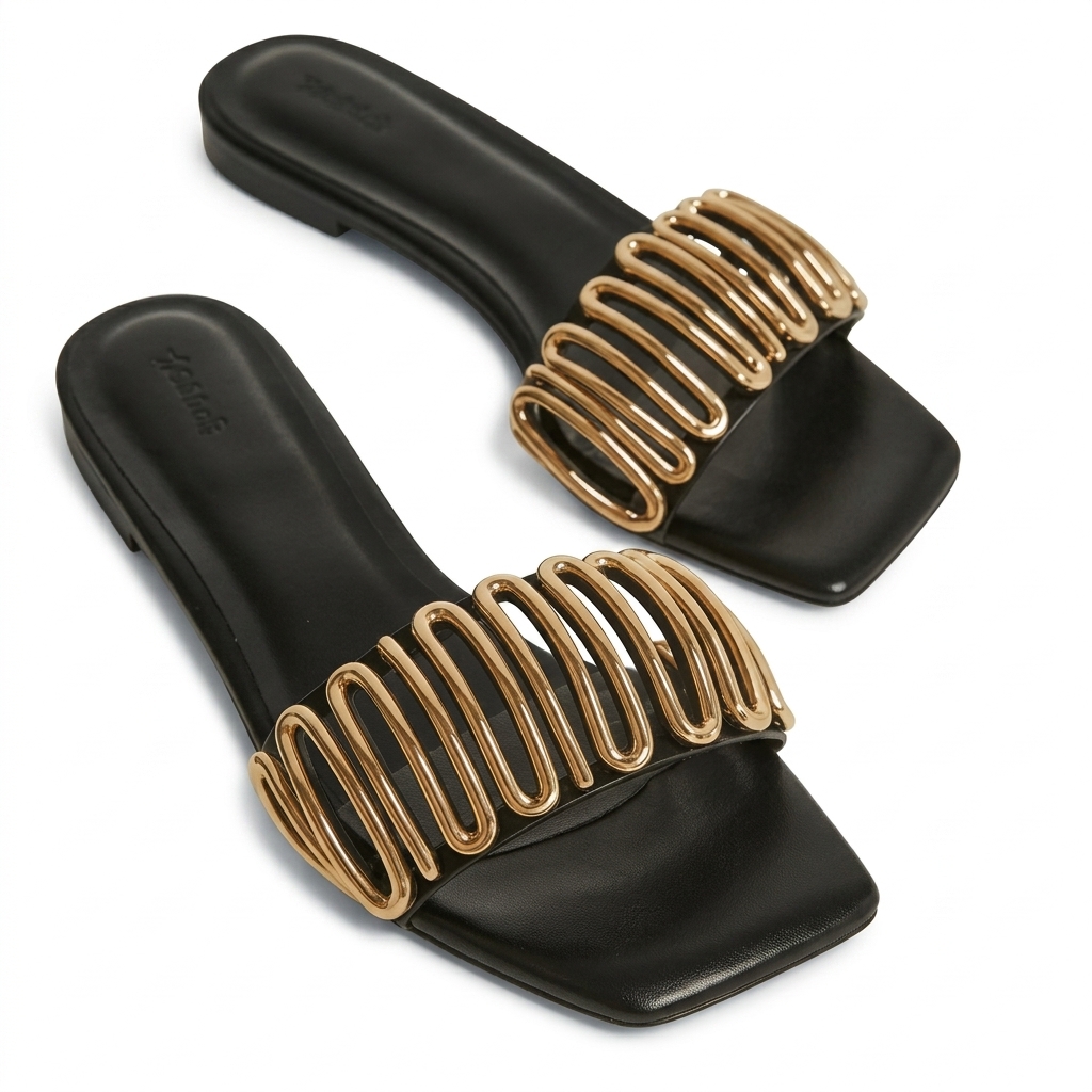Women's Black Gold Wavy Strap Flat Sandals