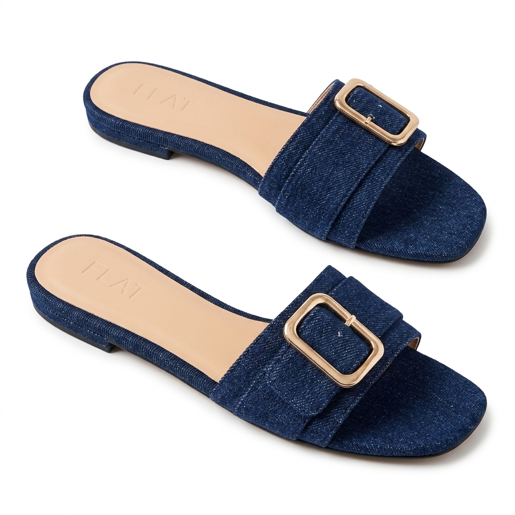 Women's Denim Buckle Flat Slides - Stylish & Comfy