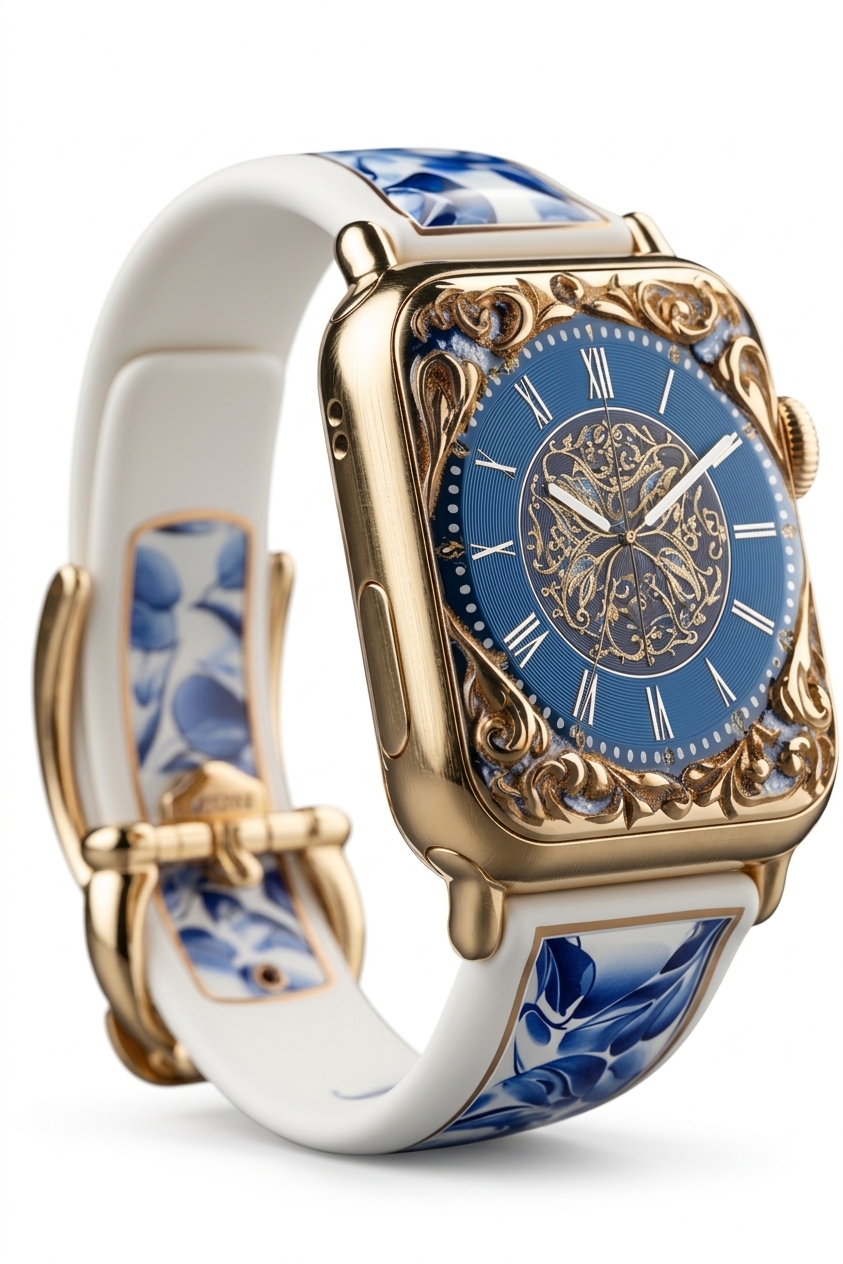 Designer Gold-Tone Analog Watch | Blue Floral Strap