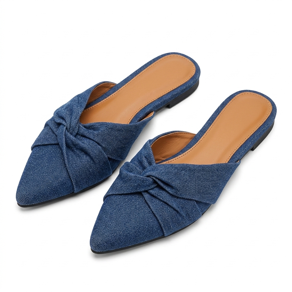 Women's Denim Pointed Toe Knotted Flat Mules