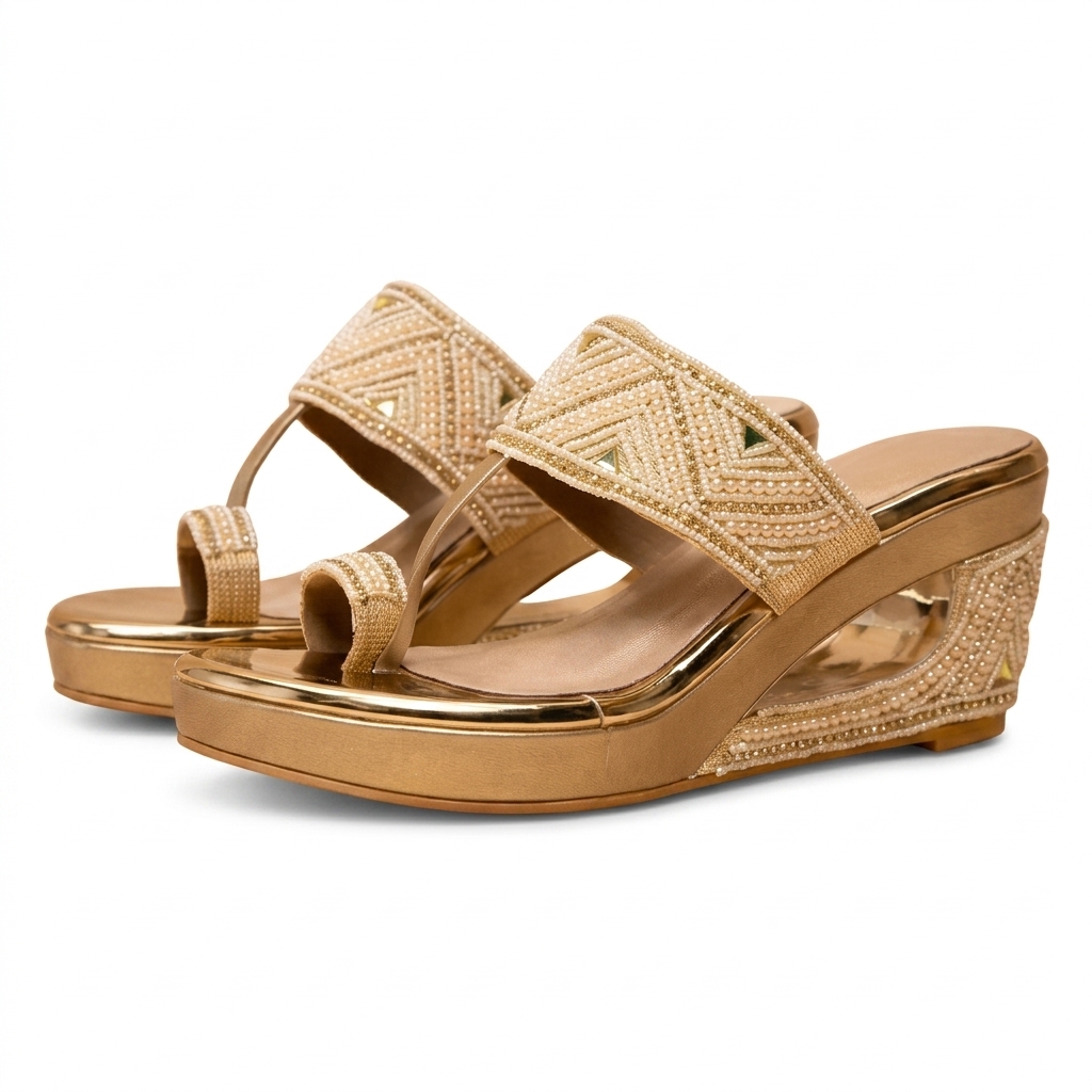 Elegant Gold Embellished Wedge Sandals for Women