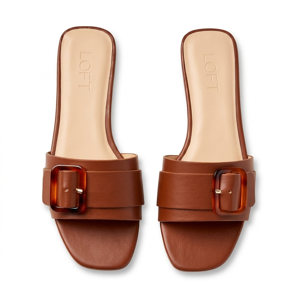 LOFT Style Tan Buckle Flat Slides for Women