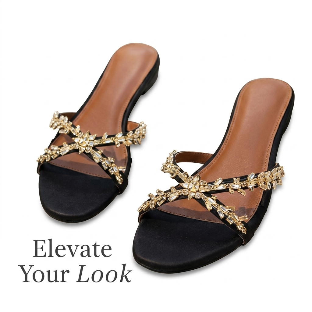 Embellished Black Flat Sandals | Women's Footwear