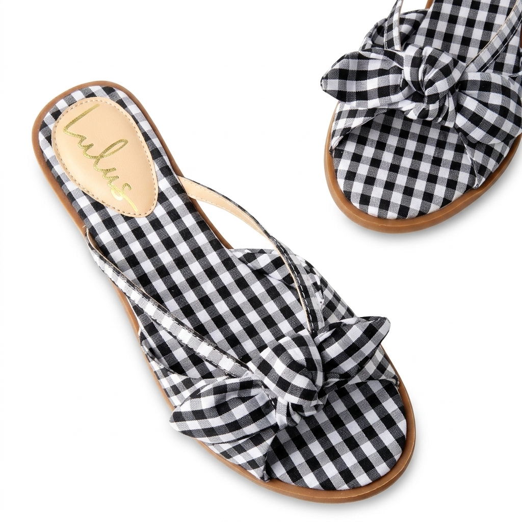 Gingham Bow Flat Sliders for Women