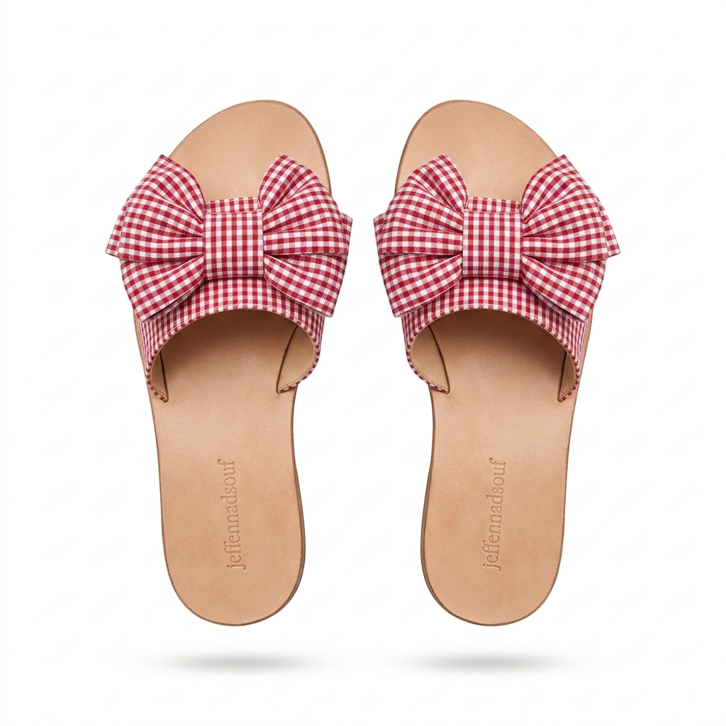 Red Gingham Bow Flat Sandals for Women