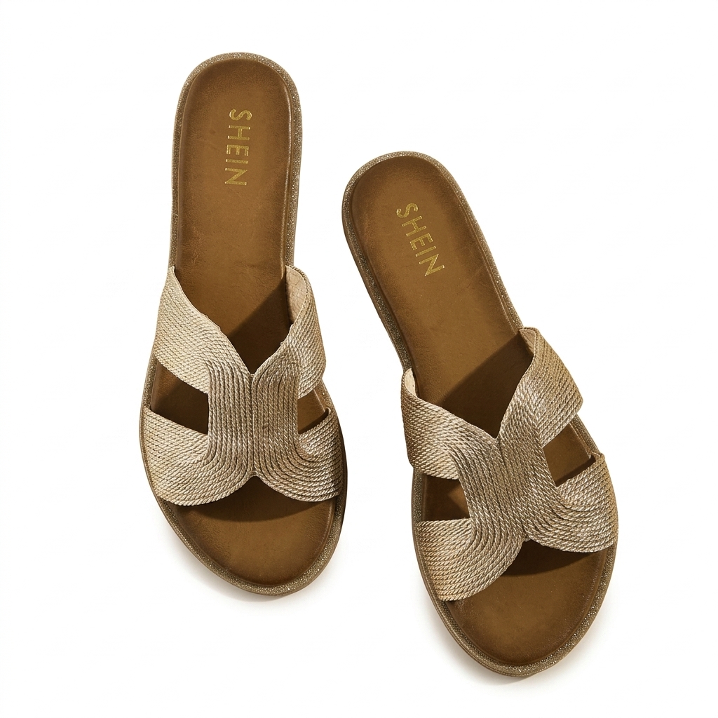 Golden Woven Strap Flat Sandals for Women