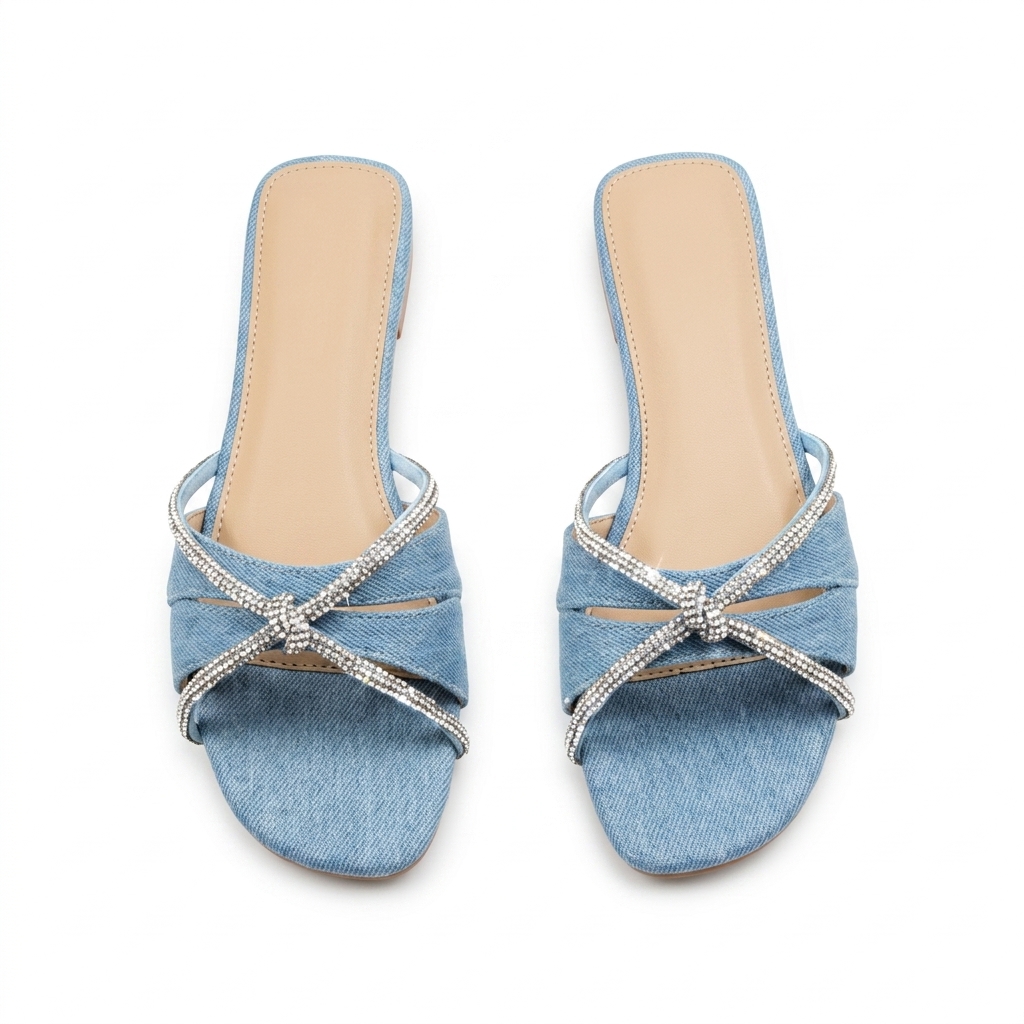 Stylish Women's Denim Flats | Rhinestone Sliders