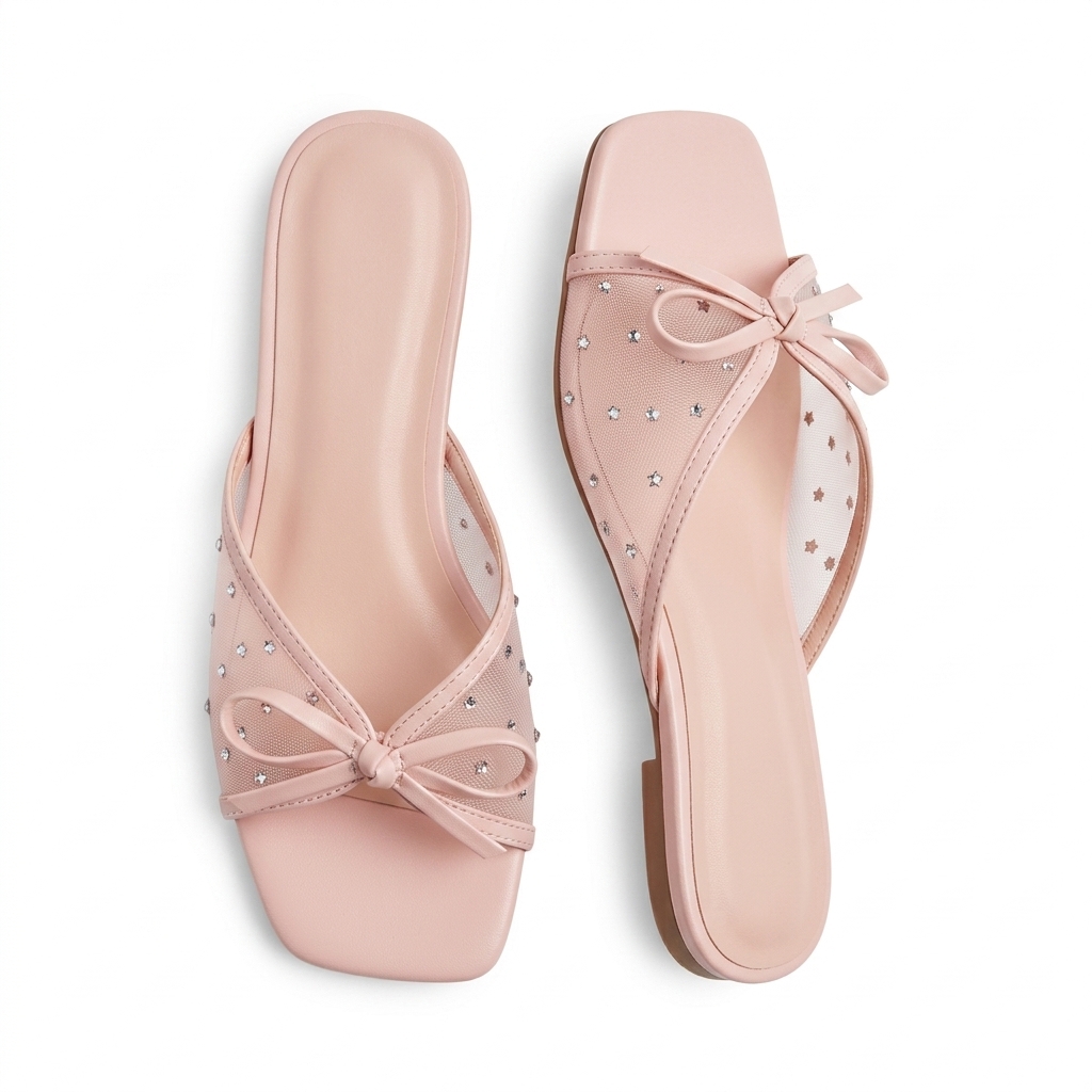 Women's Pink Mesh Bow Flat Sandals