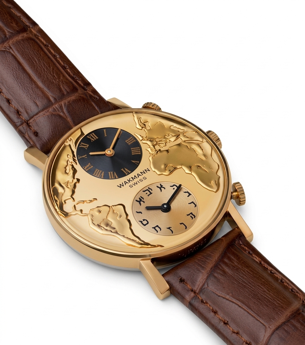 Wakmann Swiss Gold Tone World Map Dual Time Men's Watch