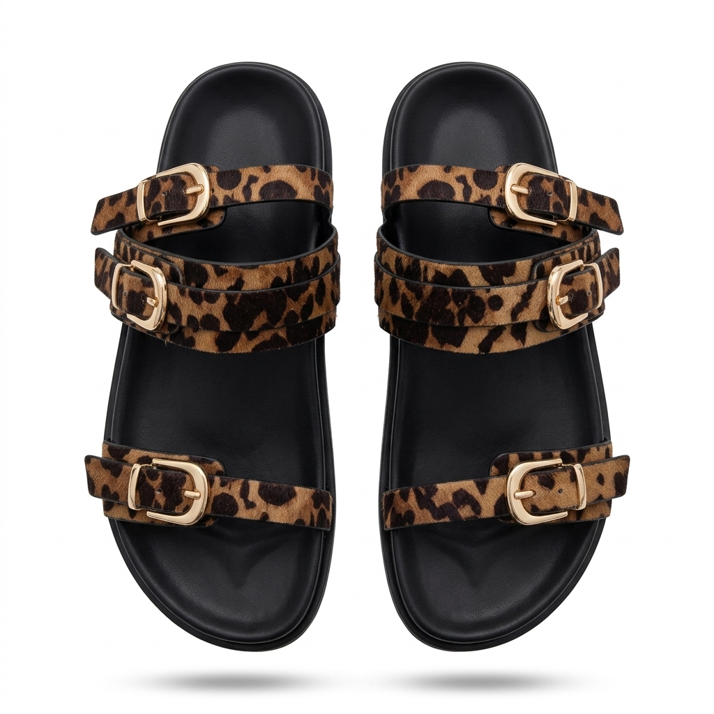 Women's Leopard Print Double Buckle Sliders