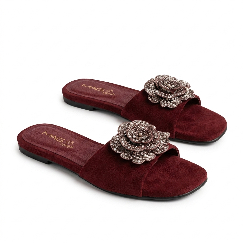 Maroon Floral Embellished Flat Slides for Women