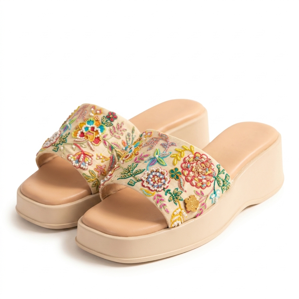 Stylish Floral Embroidered Wedge Slippers for Women
