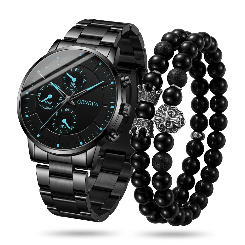 Sleek Black Analog Watch & Beaded Bracelet Combo