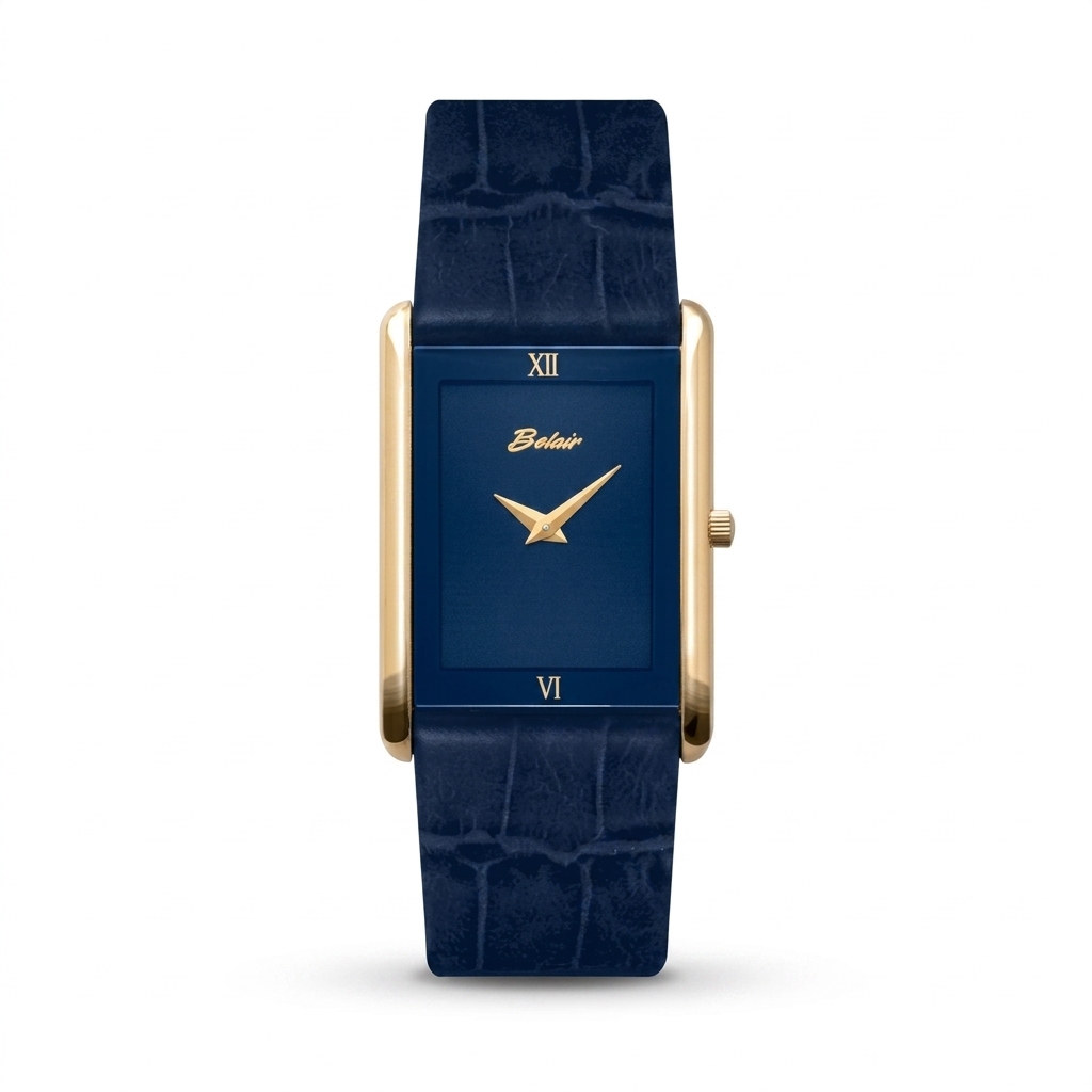 Stylish Rectangular Blue Dial Gold Case Analog Watch