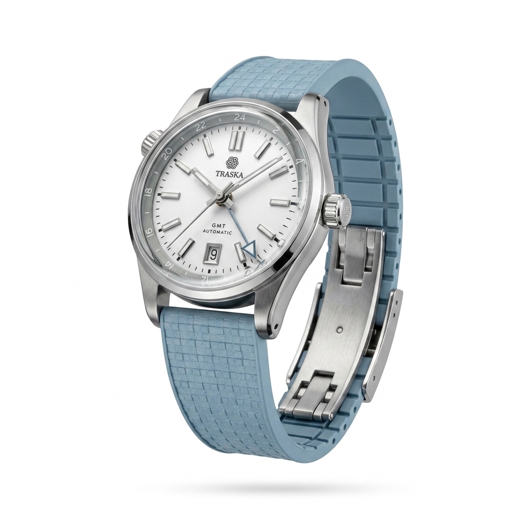 Traska GMT Automatic Watch White Dial Blue Strap