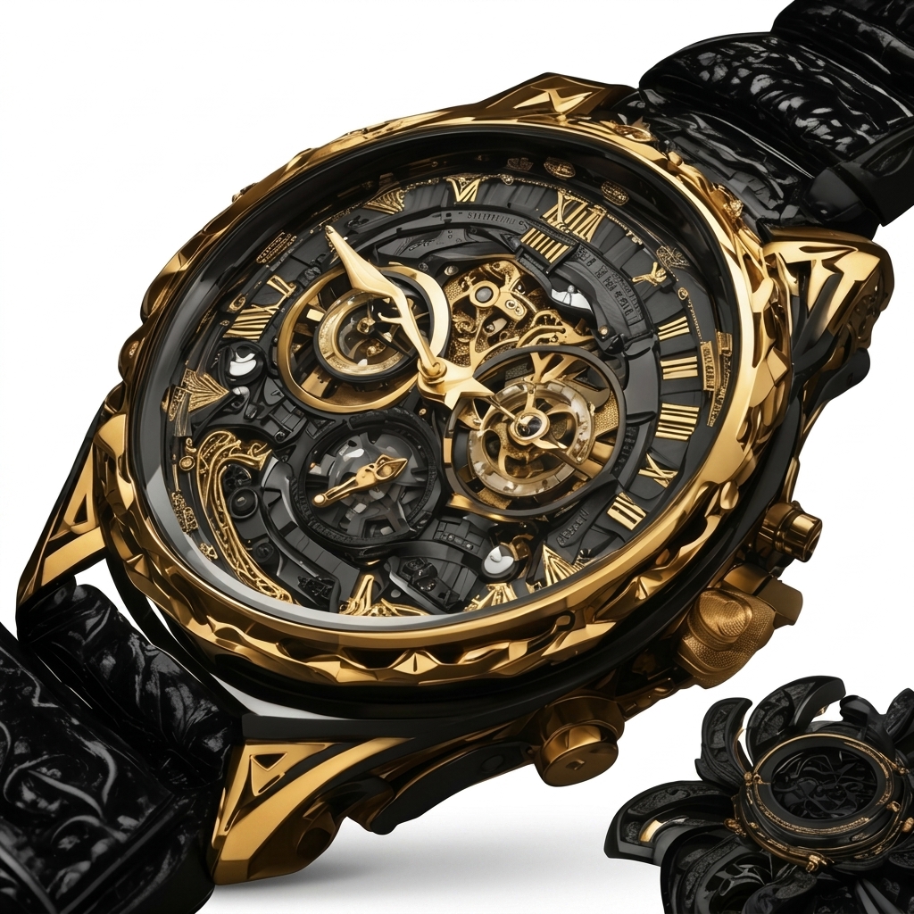 Black & Gold Skeleton Dial Watch for Men