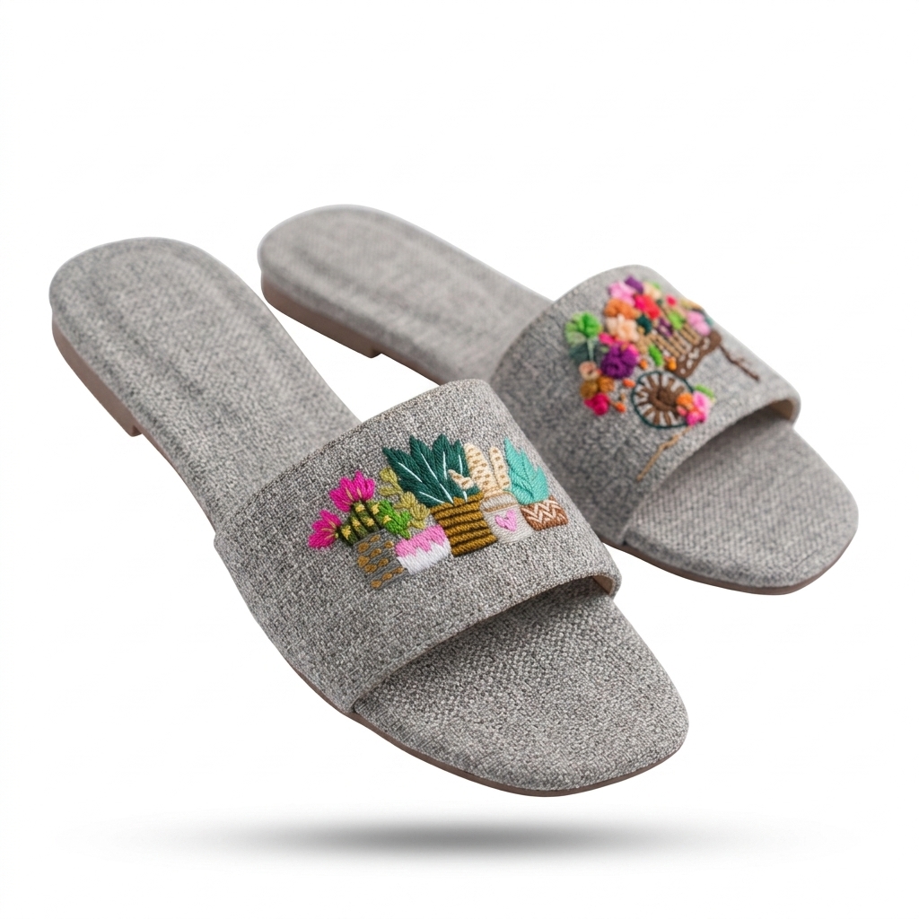 Women's Embroidered Grey Sliders