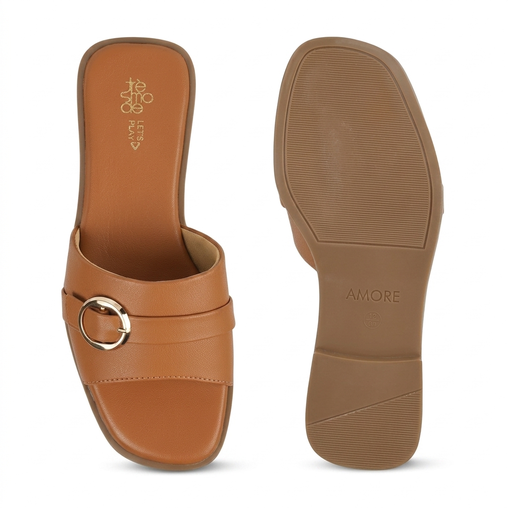 Stylish Tan Buckle Flat Sliders for Women