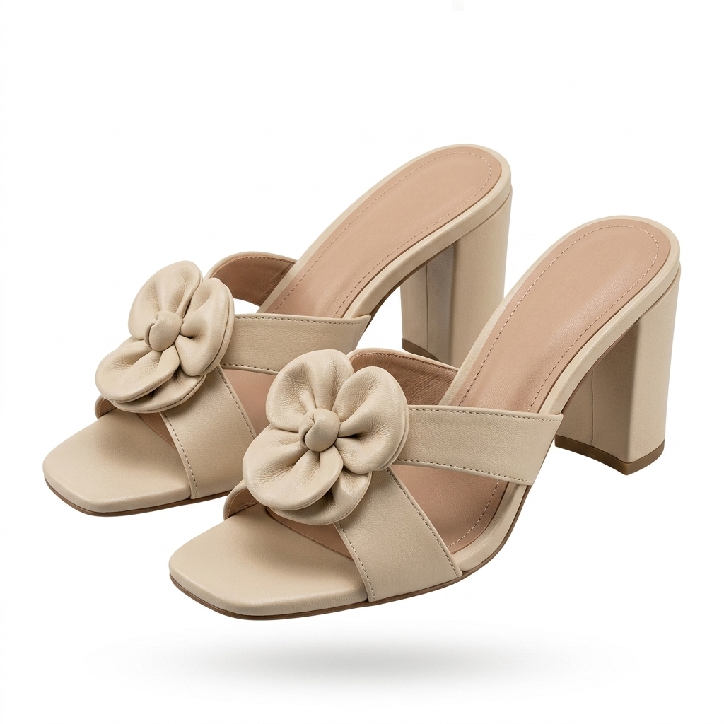 Beige Floral Block Heel Mules for Women