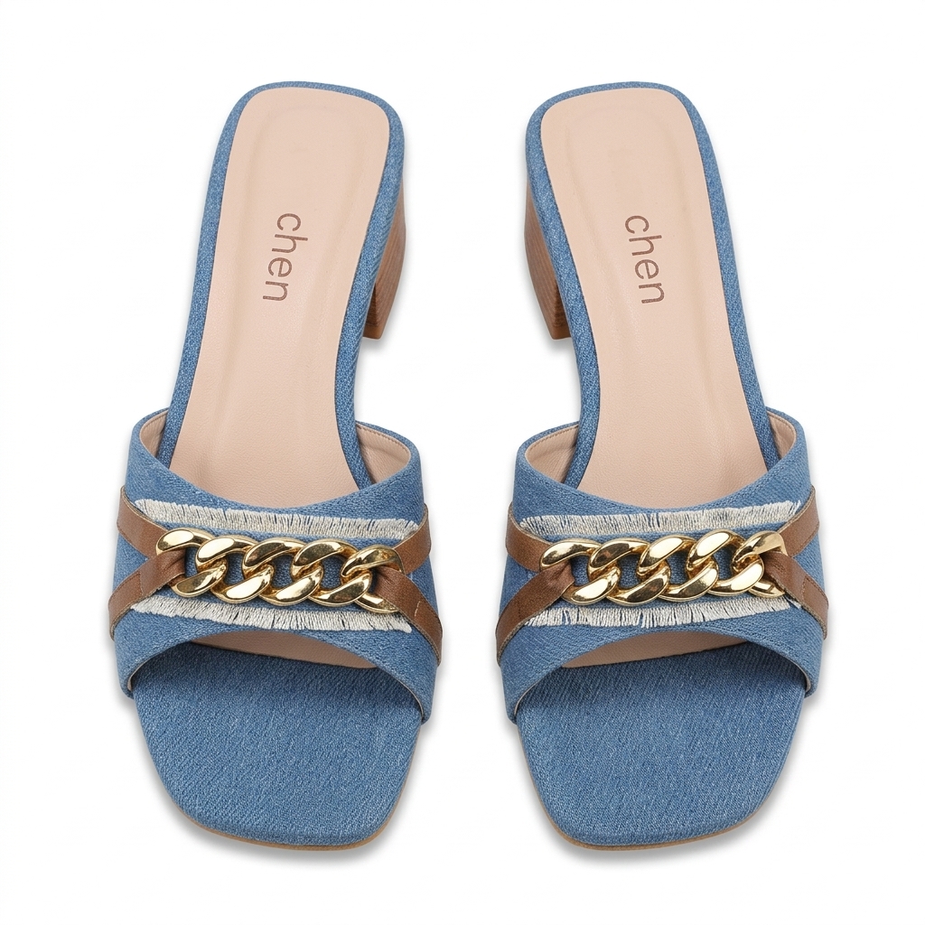Stylish Denim Block Heel Mules with Chain