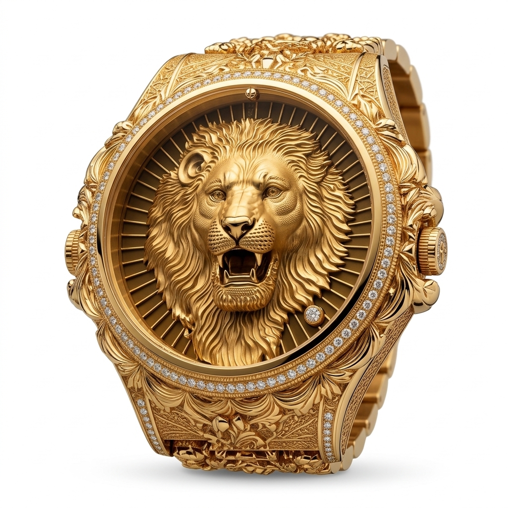Men's Gold Lion Watch with Stone Embellishments