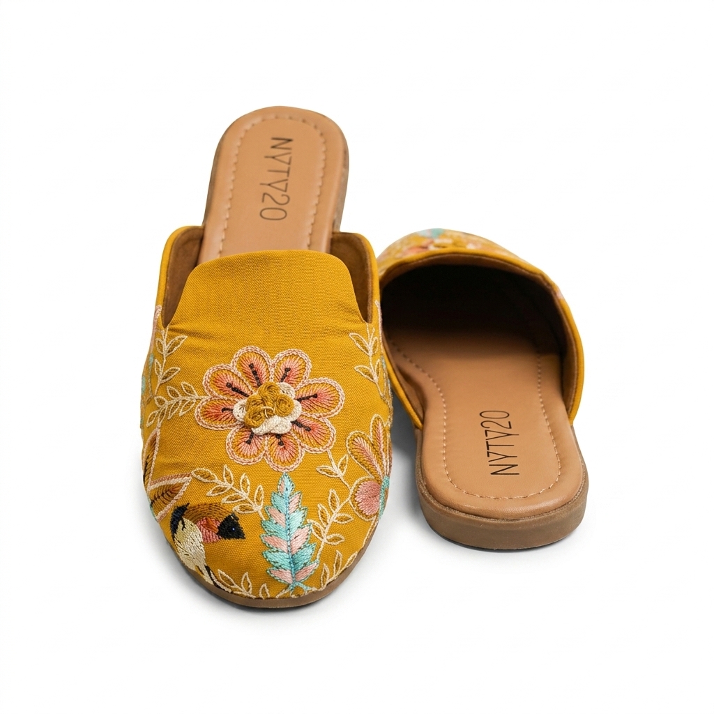 Women's Mustard Embroidered Mules for Girls
