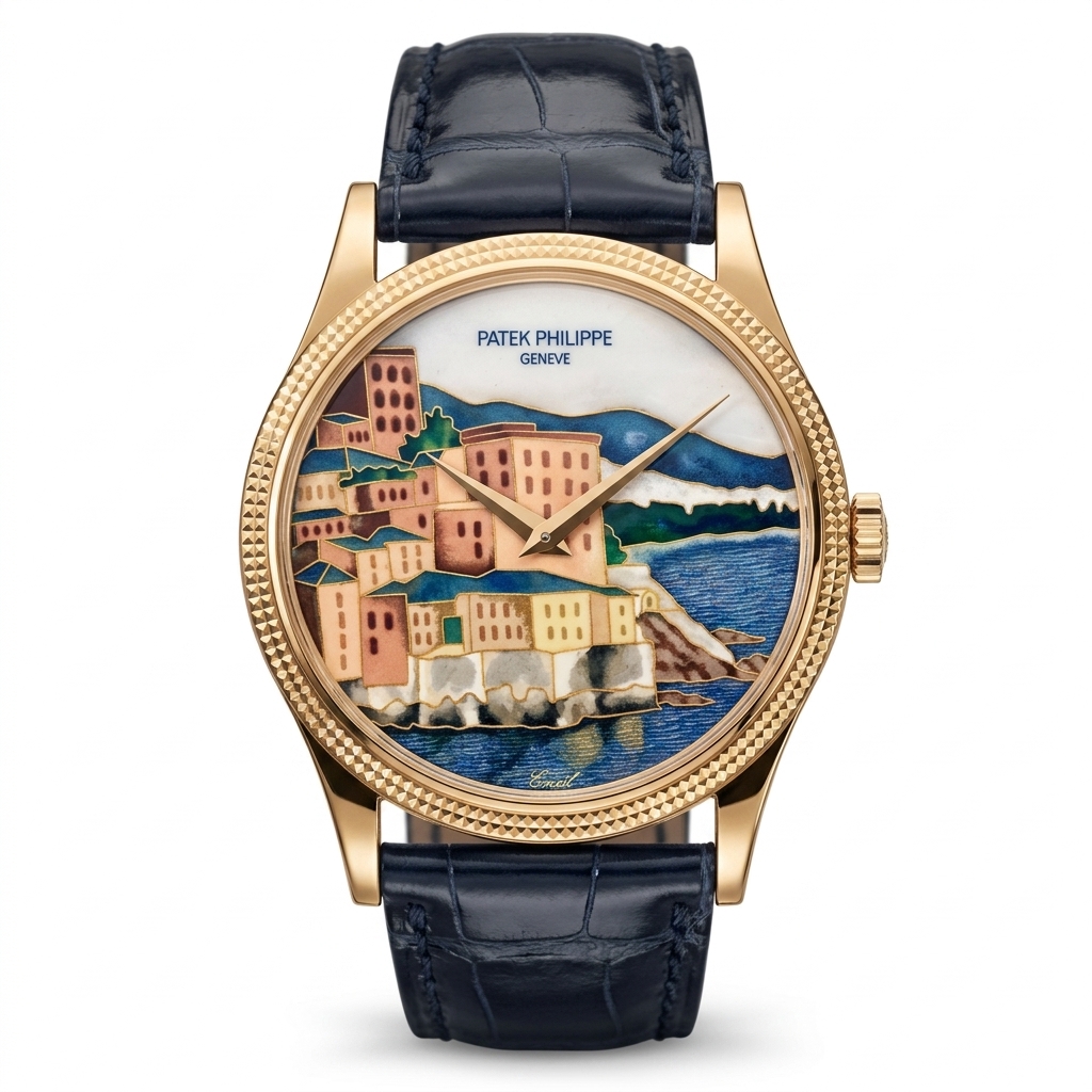 Enameled Coastal Scene Dial Watch for Men