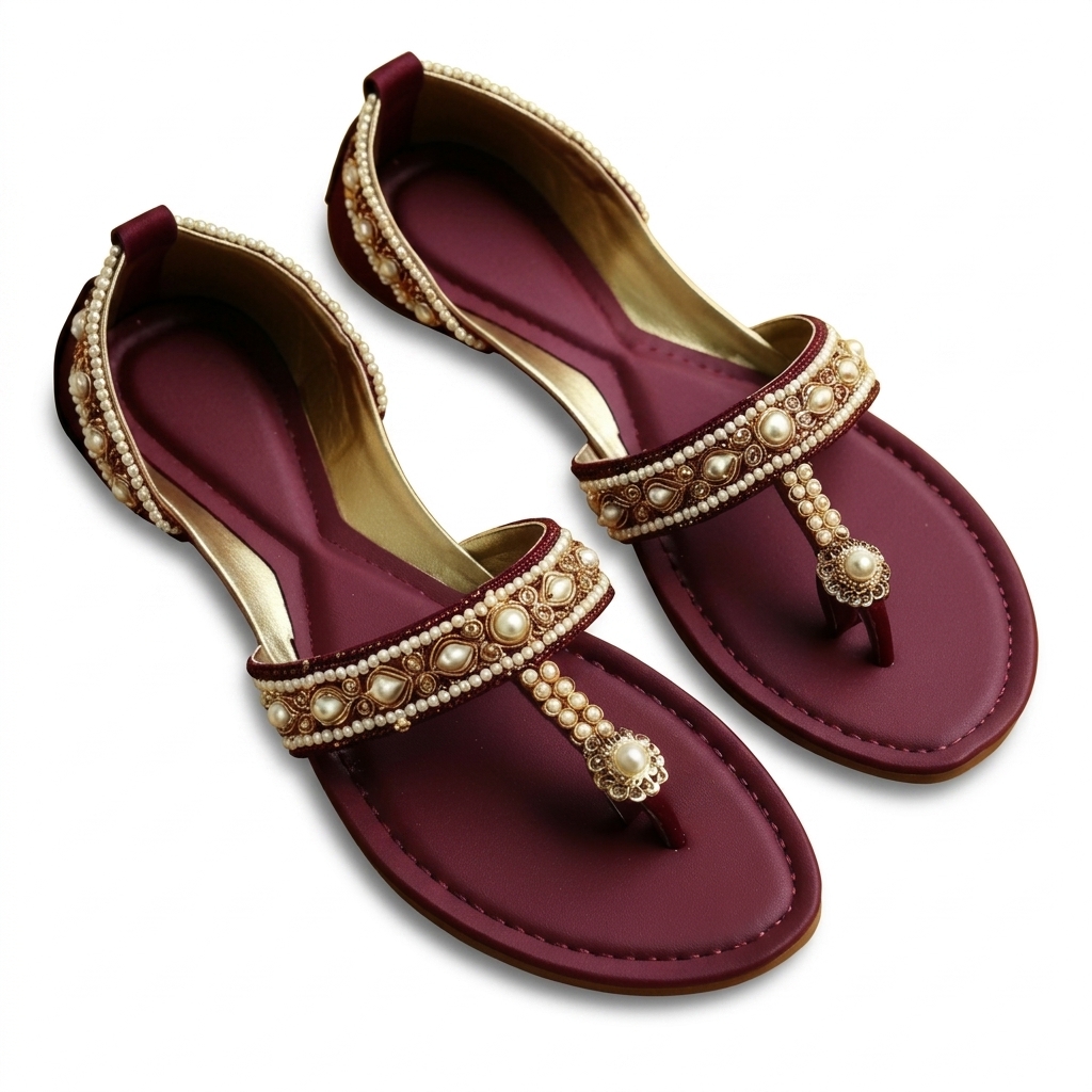 Maroon Pearl Beaded Flat Sandals for Women