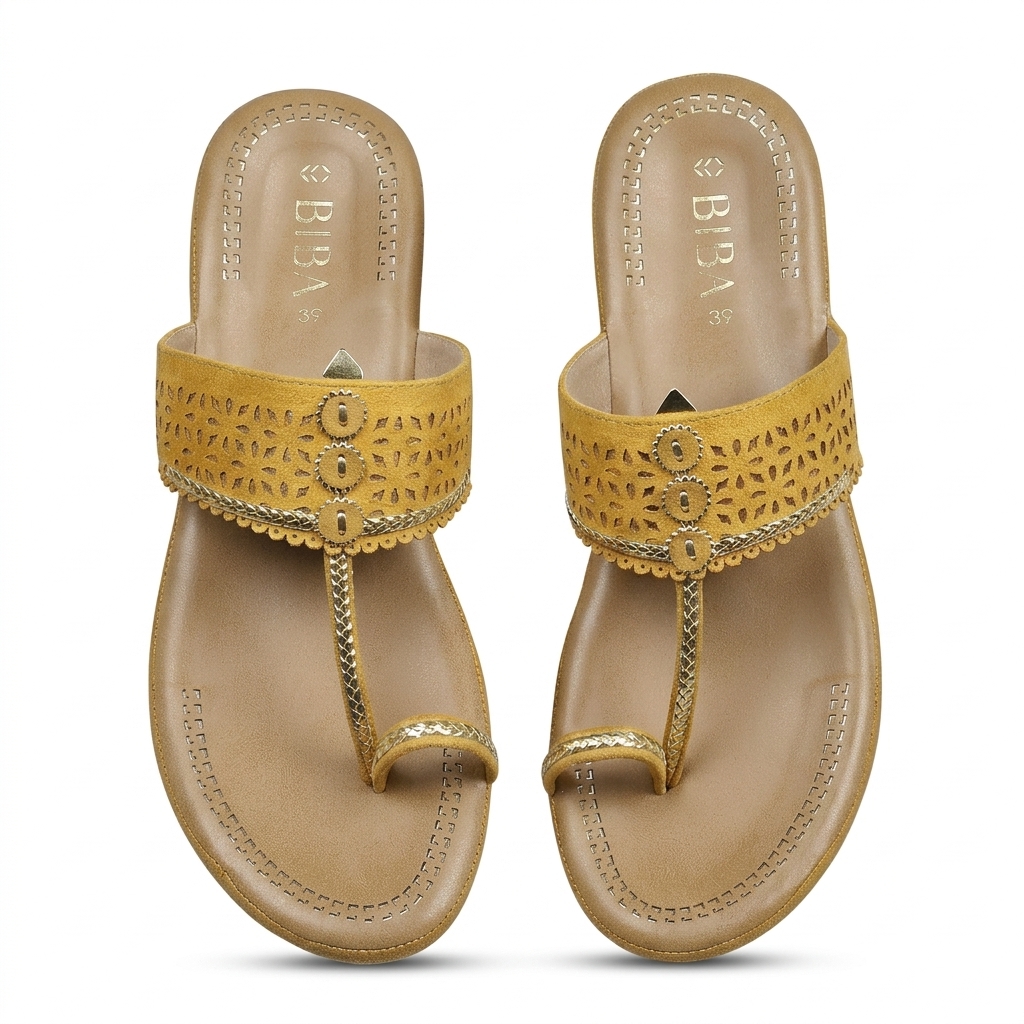 BIBA Women's Mustard Yellow Toe Ring Flat Sandals
