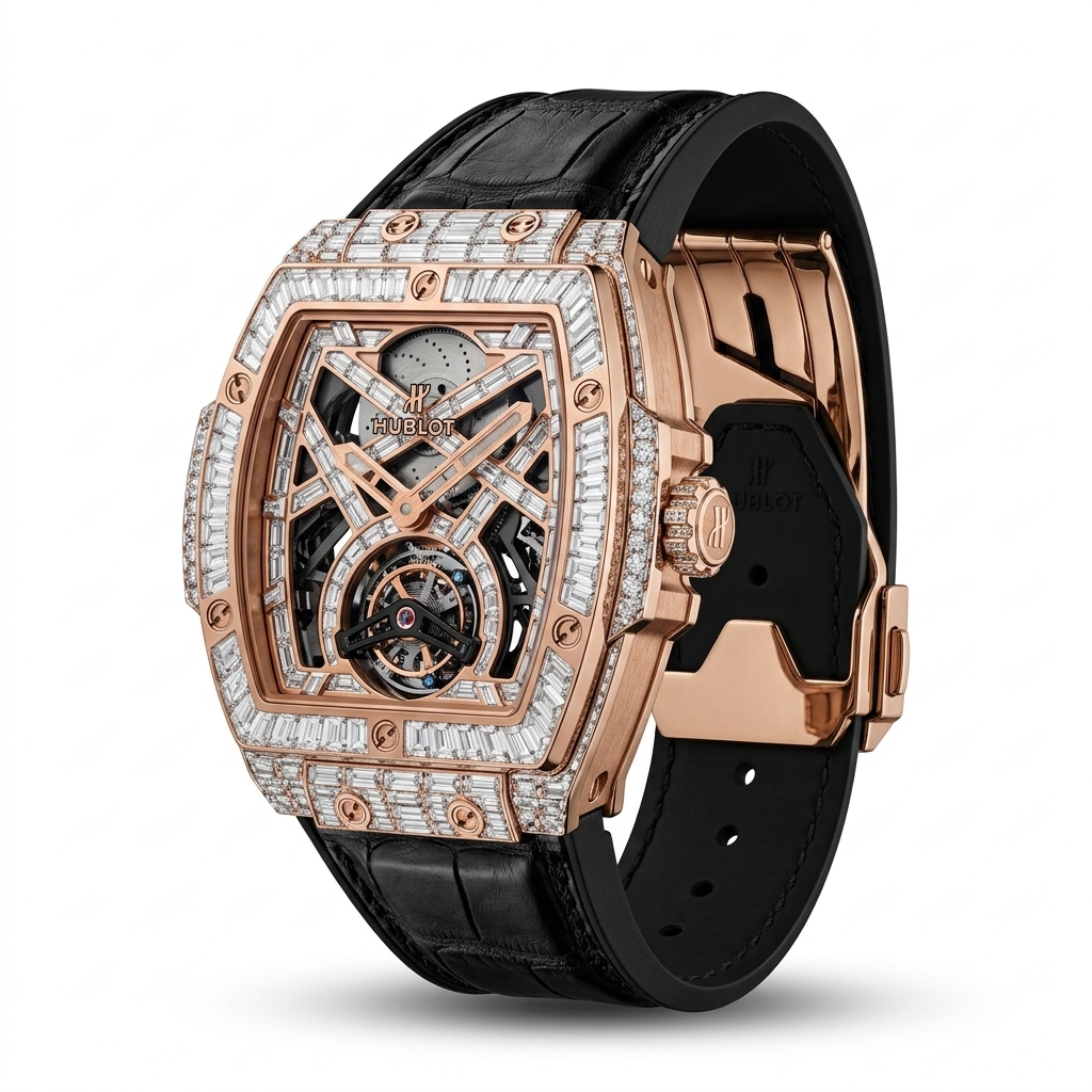 Rose Gold Plated Skeleton Watch with Diamond Studs