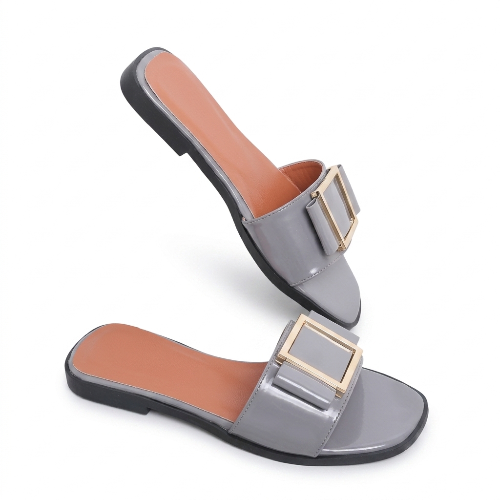 Stylish Grey Flat Slides with Buckle for Women