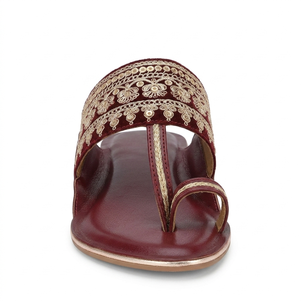 Maroon Velvet Embroidered Flat Sandals for Women