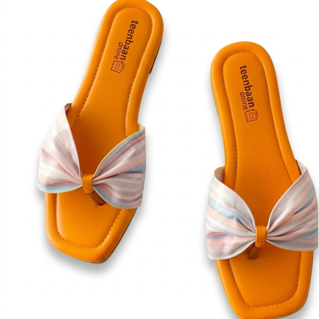 Trendy Women's Orange & Multicolor Bow Sliders