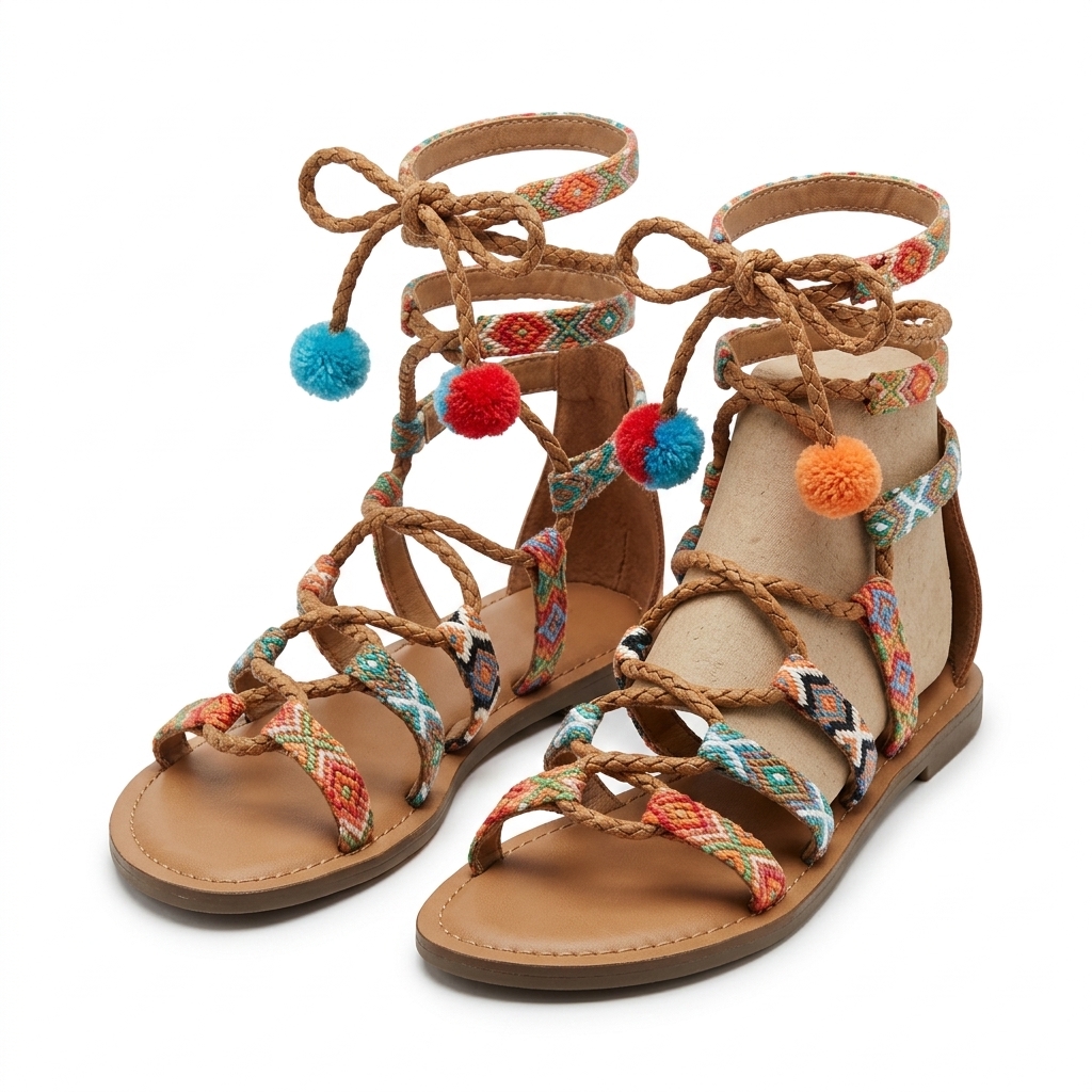 Boho Pom Pom Lace-Up Flat Sandals for Women