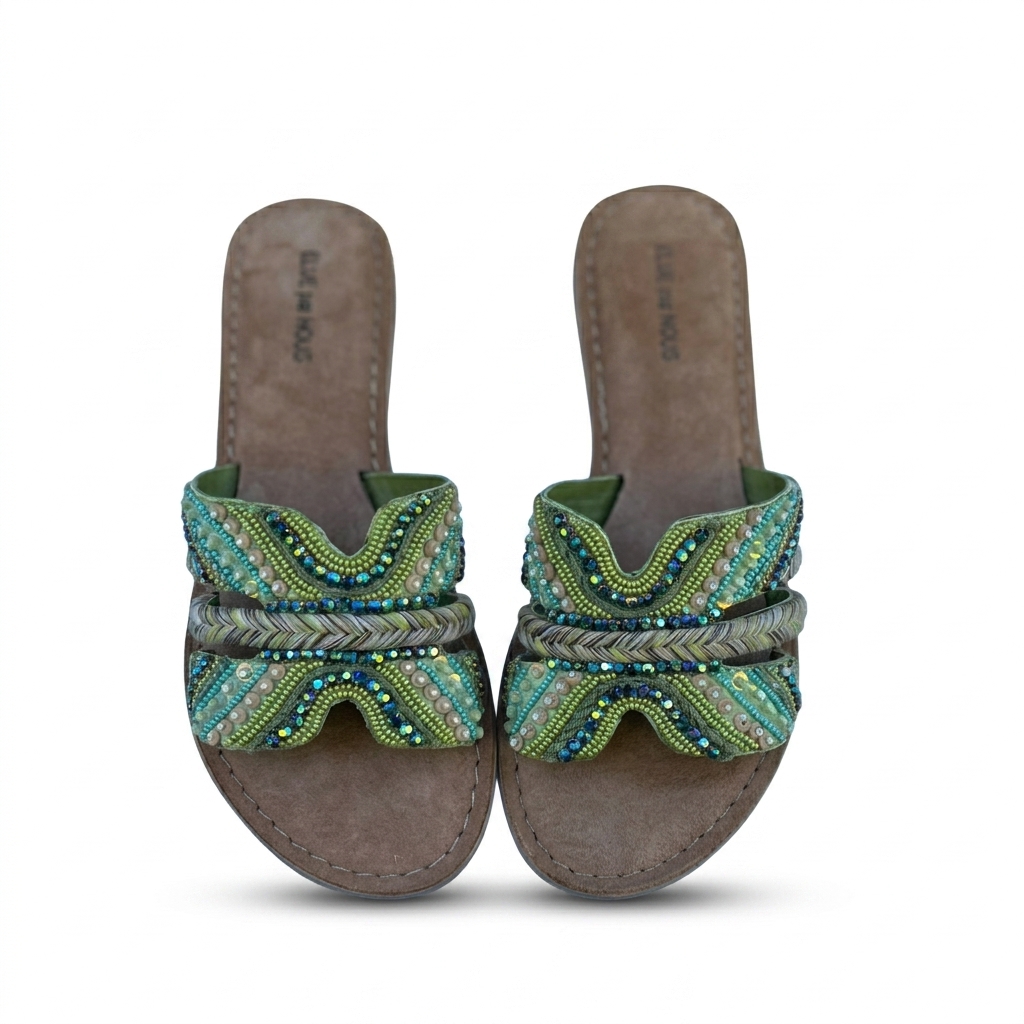 Beaded Flat Sandals for Women - Green & Blue Sliders