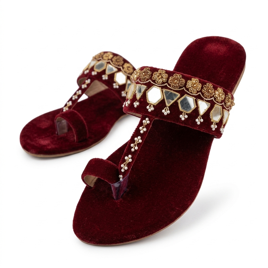 Ethnic Velvet Mirror Work Flat Sandals