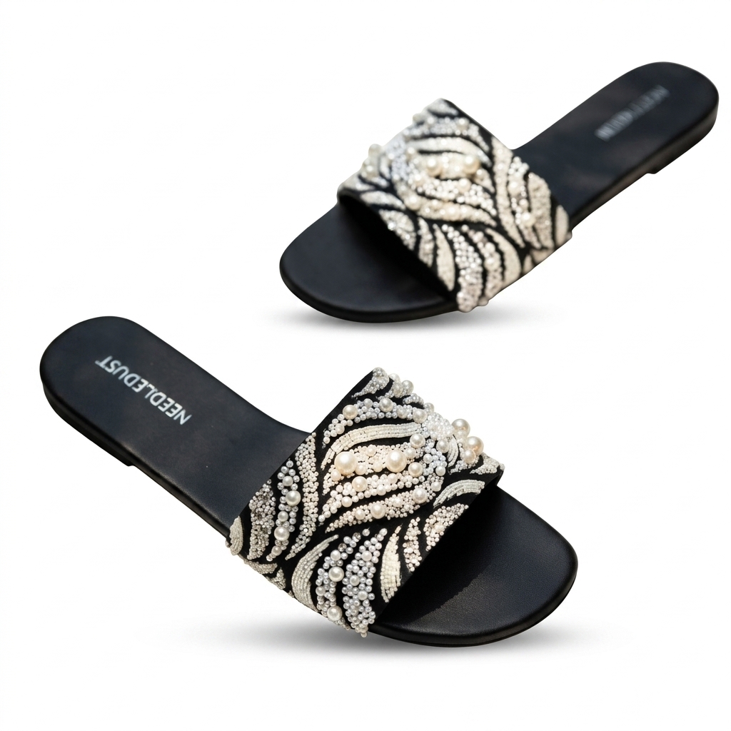 Needledust Pearl Embellished Sliders for Women