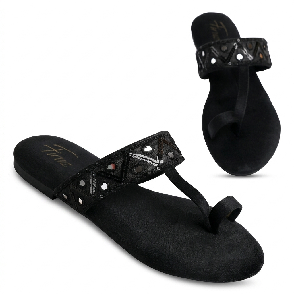 Women's Black Mirror Work Flat Sandals