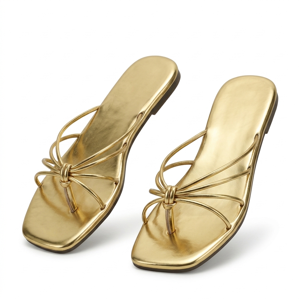 Gold Square Toe Flat Sandals for Women