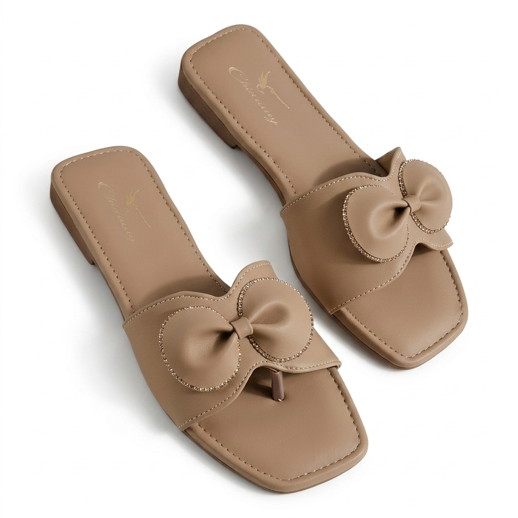 Women's Beige Flat Sandals with Bow Detailing